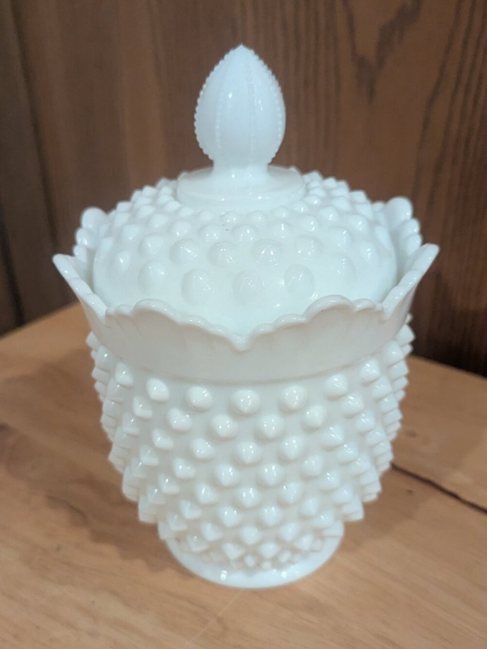Vintage Hobnail Milkglass Lidded Sugar Bowl White Ornate Candy Treasures- 6"